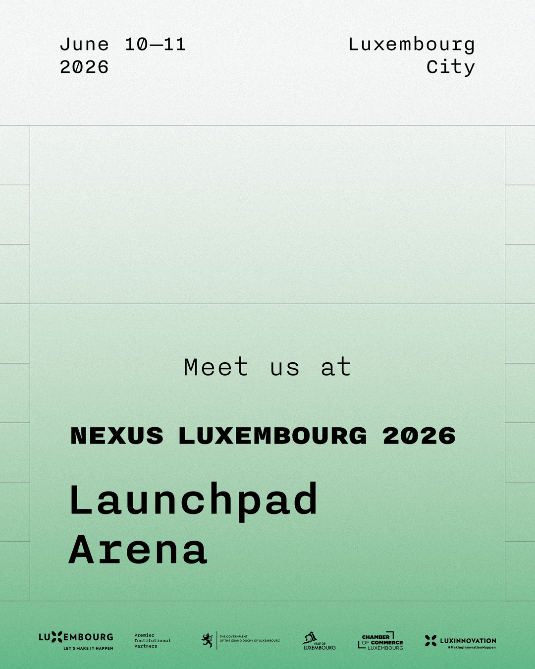 Launchpad Arena exhibitor announcement visual, green gradient