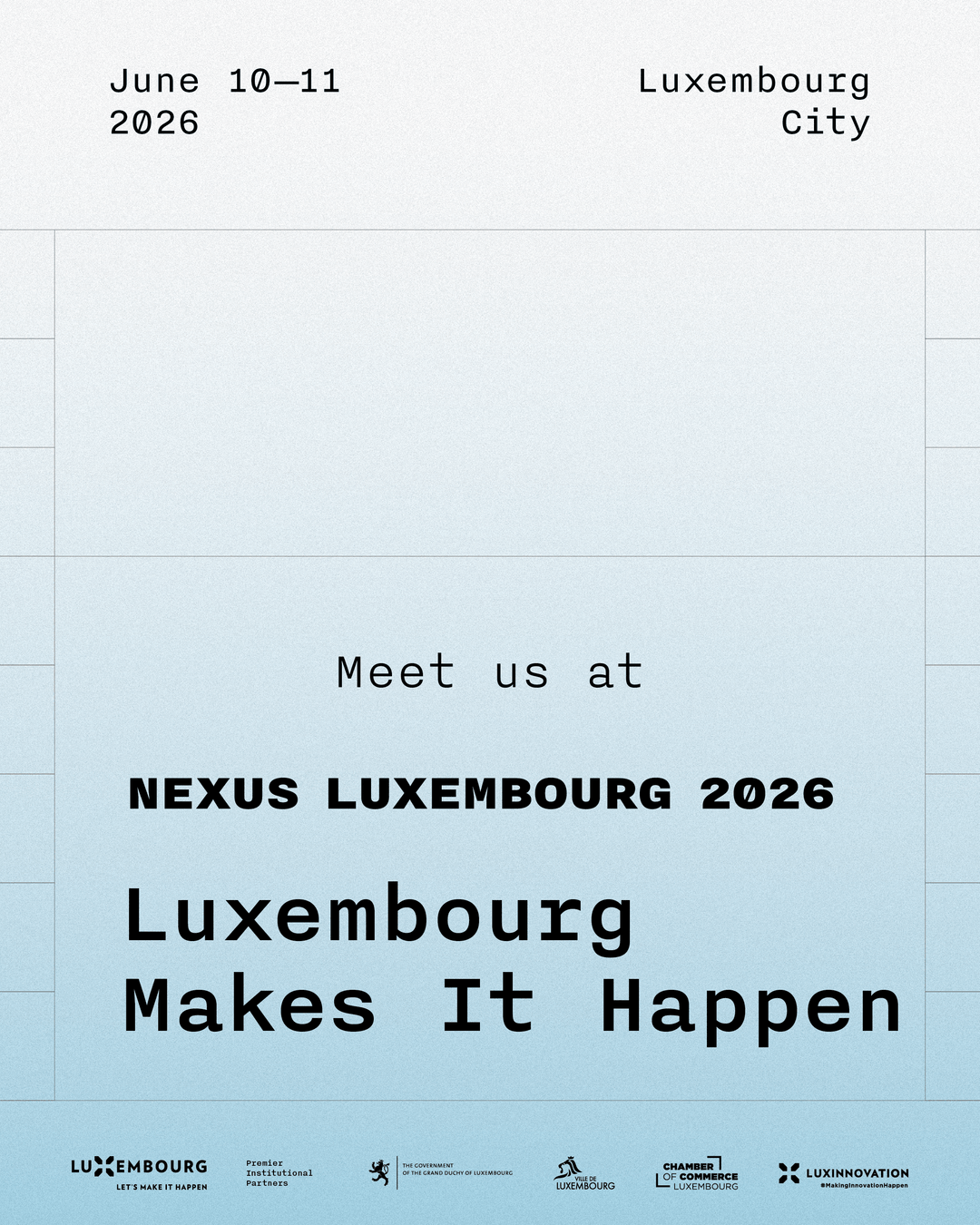 Luxembourg Makes It Happen exhibitor announcement visual, blue gradient