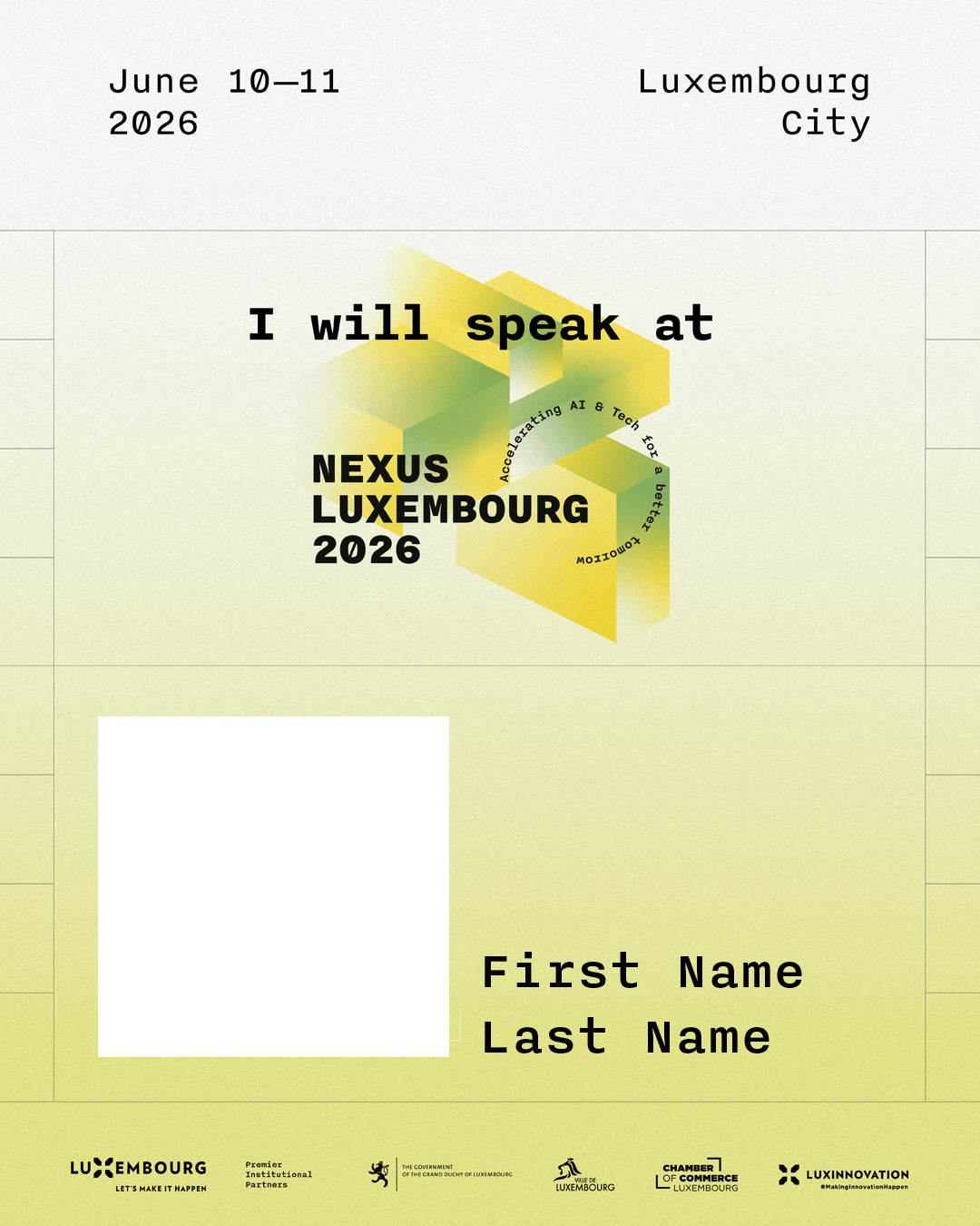 Customizable speaker announcement template with a photo placeholder and name fields